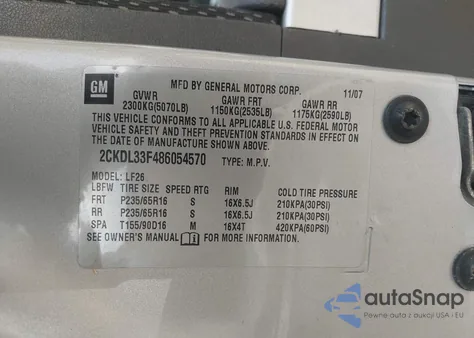 2008 Pontiac Torrent z USA, uszkodzony, nr VIN 2CKDL33F486054570